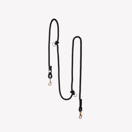 Black lanyard with gold hooks on a white background