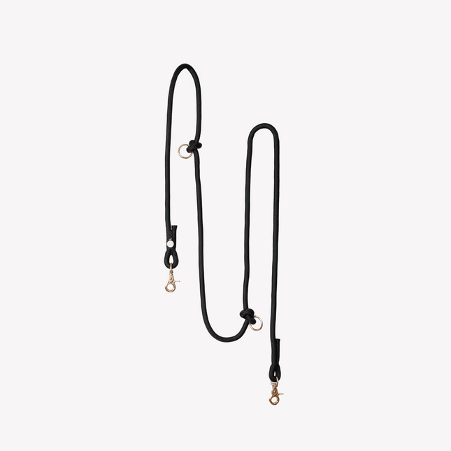 Black lanyard with gold hooks on a white background