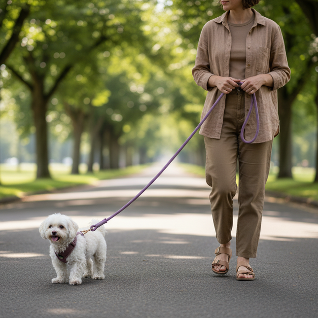 Person walking a small white dog on a leash in a park-like setting