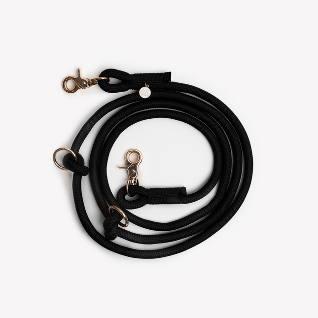 Black dog leash with gold clasp on a white background