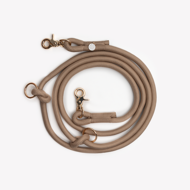 Beige dog leash with brass hardware on a white background