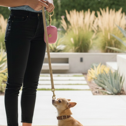 Person holding a pink dog toy with a small dog on a leash, standing in front of a glass door with a garden view.