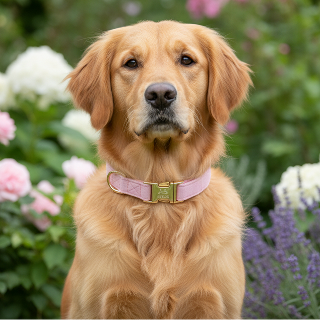 Golden retriever sitting in a garden with flowers