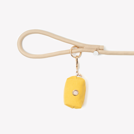 Yellow dog toy with a leash on a white background