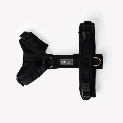 Black dog harness with 'Furlou' branding on a white background