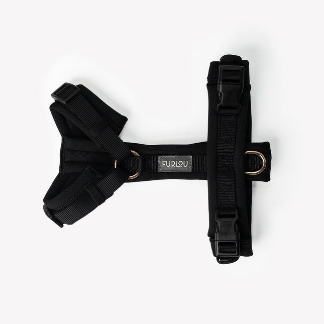 Black dog harness with 'Furlou' branding on a white background