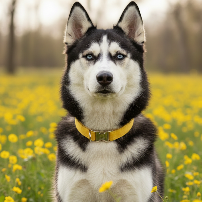 Husky dog with a yellow collar standing in a field of yellow flowers.