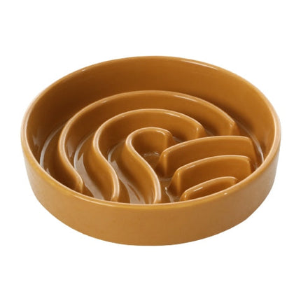 Brown ceramic maze puzzle feeder bowl on a white background