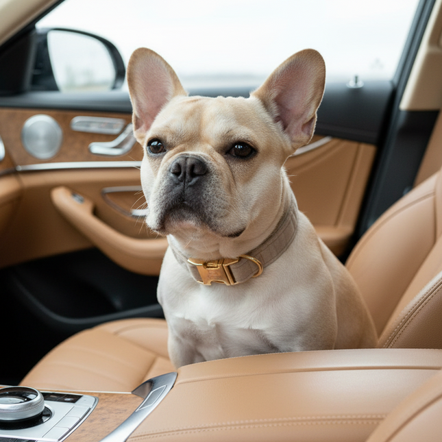 Dog sitting in a car with a beige interior