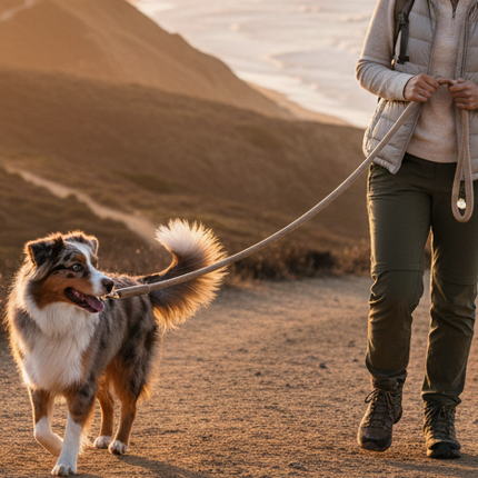 Person walking a dog on a leash in a desert landscape