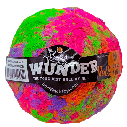 Colorful textured ball with a Wunder brand label on a white background