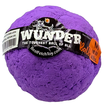 Purple dog toy ball with 'Wunder' branding on a white background