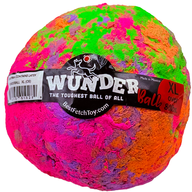 Colorful textured ball with a Wunder brand label on a white background