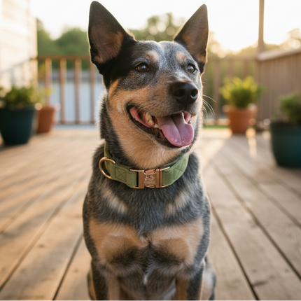 Dog sitting on a wooden deck with plants and a building in the background