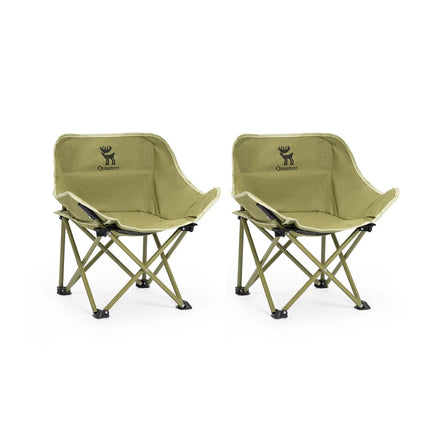 Two green camping chairs with a logo on a white background