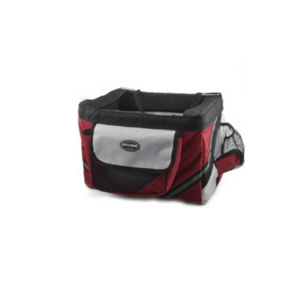 Red, black, and gray biking pet carrier bag on a white background