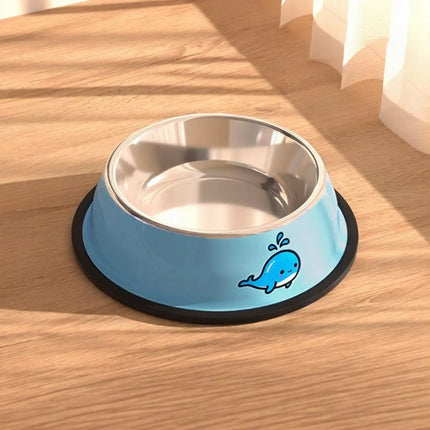 Blue pet bowl with a whale design on a wooden floor