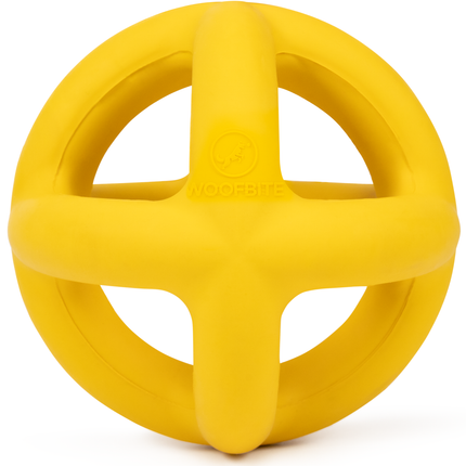 Yellow rubber ball with handles on a white background