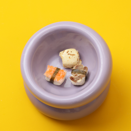 Purple bowl with sushi on a yellow background