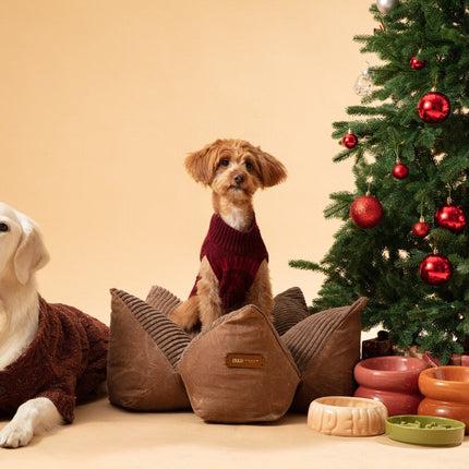 Two dogs wearing sweaters sitting on a brown pet bed with a decorated Christmas tree in the background.