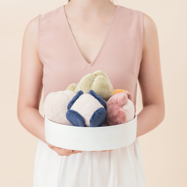 Person holding a white box with colorful plush toys against a light pink background