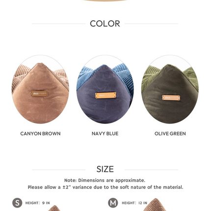 Dog bed with specifications, color options, and material details on a white background.