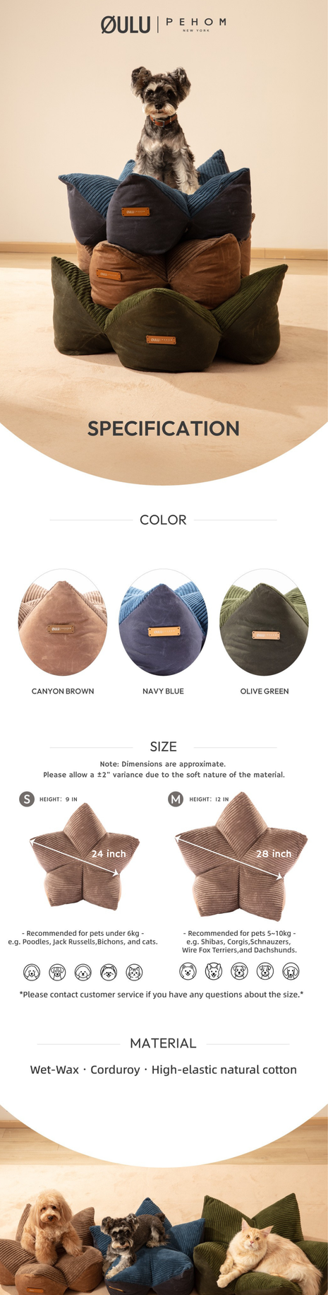 Dog bed with specifications, color options, and material details on a white background.