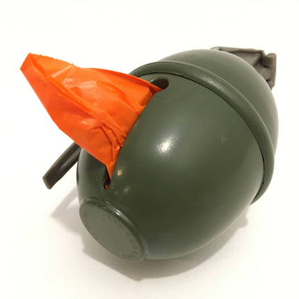 Green grenade poop bag holder with orange pull pin on a white background