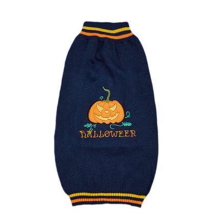 Navy blue dog sweater with Halloween pumpkin design on a white background