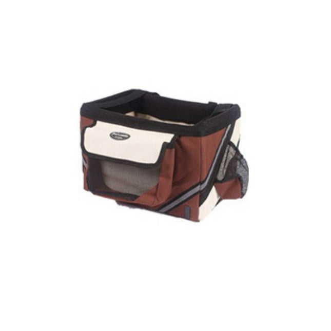 Biking pet carrier bag with brown, black, and beige colors on a white background