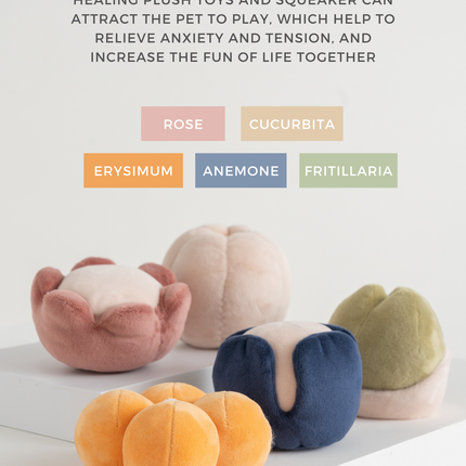Healing plush toys with different colors on a white surface