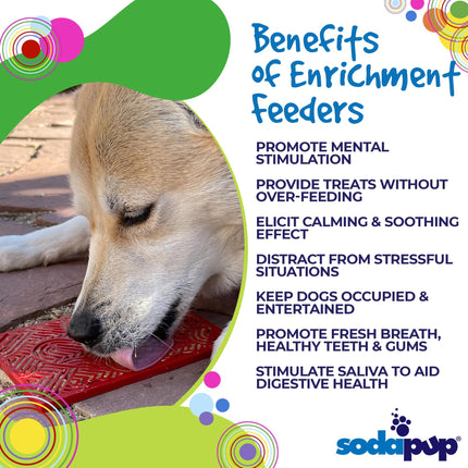Dog on a red heart mat with text about enrichment feeders and Sodapup branding.