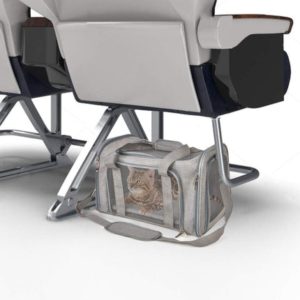 Pet carrier with a cat inside, placed on an airplane seat