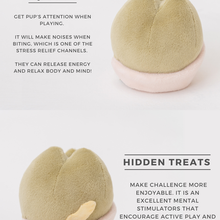 Dog toy with text explaining its features on a white background