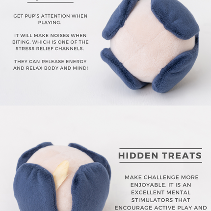 Dog toy with text explaining its features on a white background