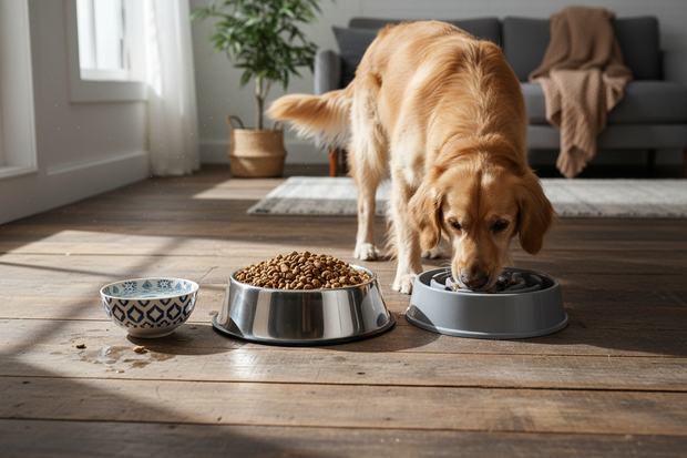 4k image of A lifestyle photograph of a variety of dog bowls on a rustic wooden floor. Include a large stainless steel bowl filled with kibble, a patterned ceramic water bowl, and a raised slow-feeder bowl. A medium-sized dog, like a Golden Retriever, is eating from one. Natural light from a window.