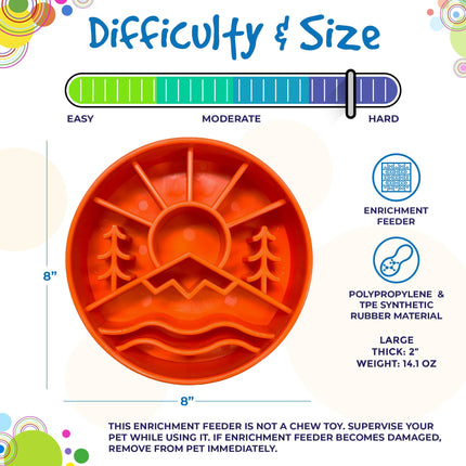 Orange enrichment feeder with landscape design on a white background, labeled for difficulty and size.