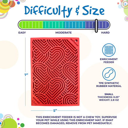 Red enrichment feeder with difficulty and size rating on a colorful background