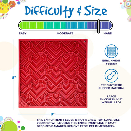 Red heart enrichment feeder with difficulty and size rating on a colorful background
