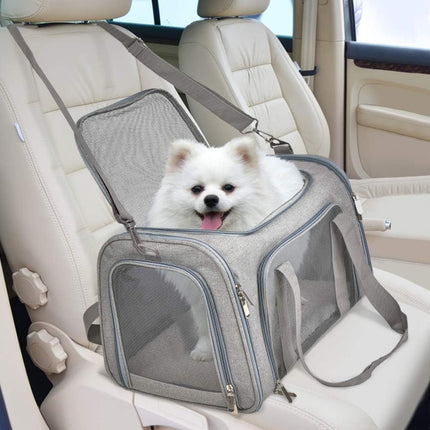 Dog in a gray pet carrier inside a car