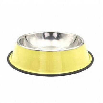 Yellow pet bowl with a metal interior on a white background