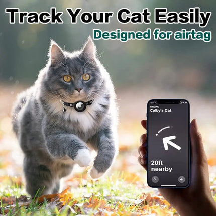 Cat wearing a collar with a smartphone app showing 'Colby's Cat' and '20ft nearby' on a blurred natural background.
