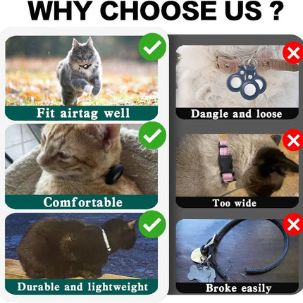 Comparison chart showing a pet collar with and without issues, labeled 'Why Choose Us'.