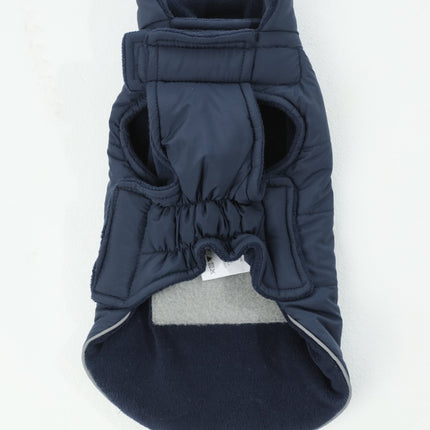 Navy blue dog coat with a gray interior on a white background