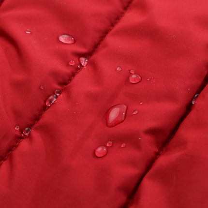 Red fabric with water droplets, likely a close-up of a jacket or coat.