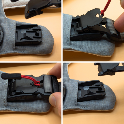 Step-by-step assembly of a black plastic component into gray fabric with red string on a beige background.