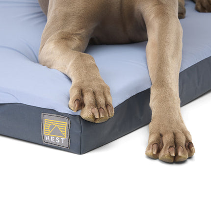 Dog lying on a blue and gray pet bed with 'Hest' branding.