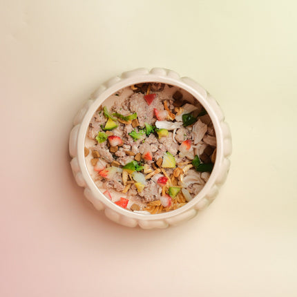Pet food in a white bowl on a light pink background