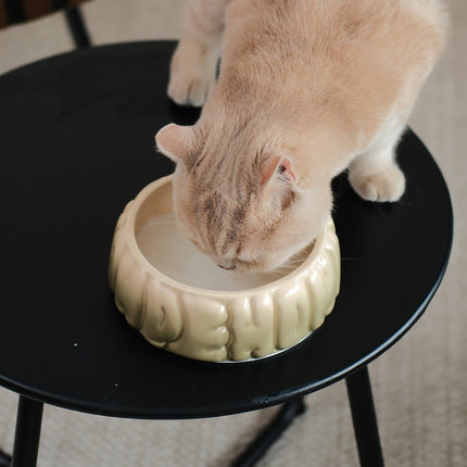 Cat drinking from a white ceramic bowl on a black stool.