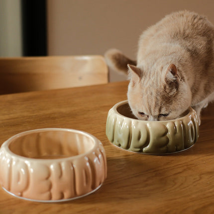 Cat drinking from a ceramic bowl on a wooden table